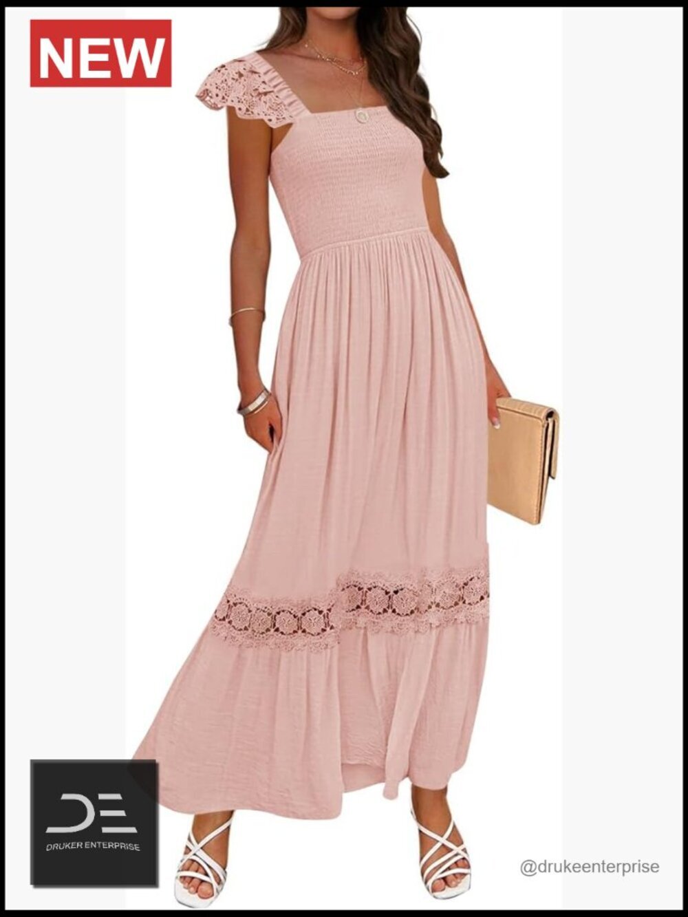 Lace Strap Square Neck Smocked High Waist Maxi Dress with Pockets